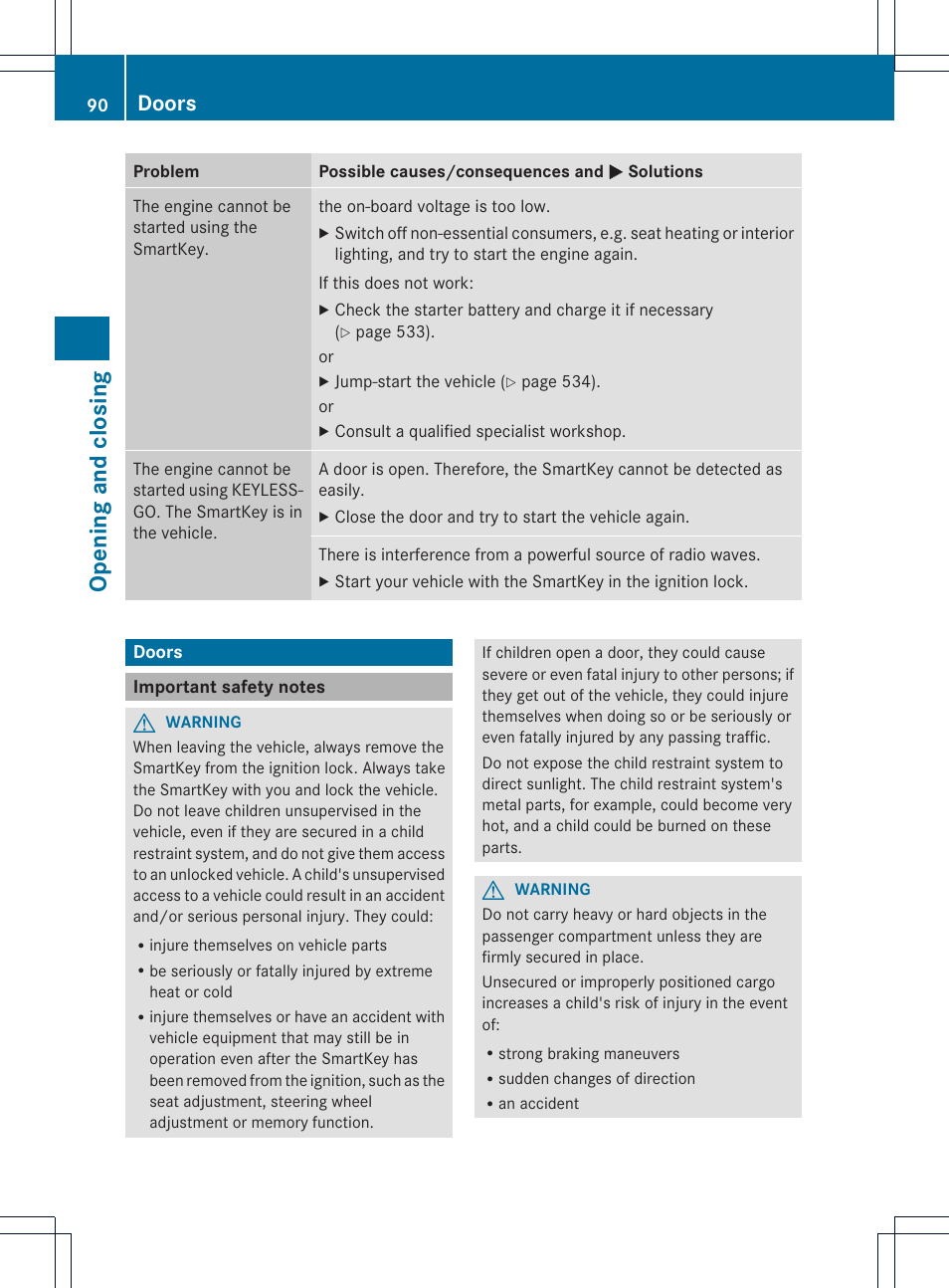 Ope ni ng and cl os in g, Doors | Mercedes-Benz SL-Class 2013 Owners Manual User Manual | Page 92 / 590