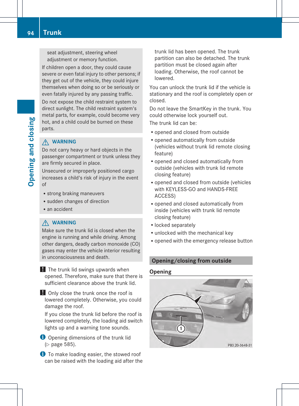 Op ening and closing, Trunk | Mercedes-Benz SL-Class 2013 Owners Manual User Manual | Page 96 / 590