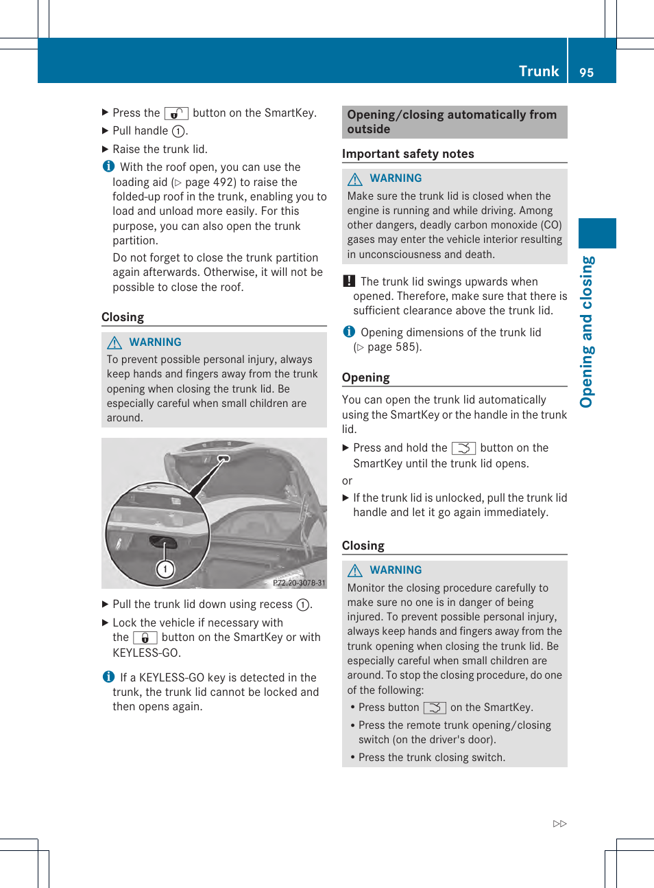 Opening and closing, Trunk | Mercedes-Benz SL-Class 2013 Owners Manual User Manual | Page 97 / 590