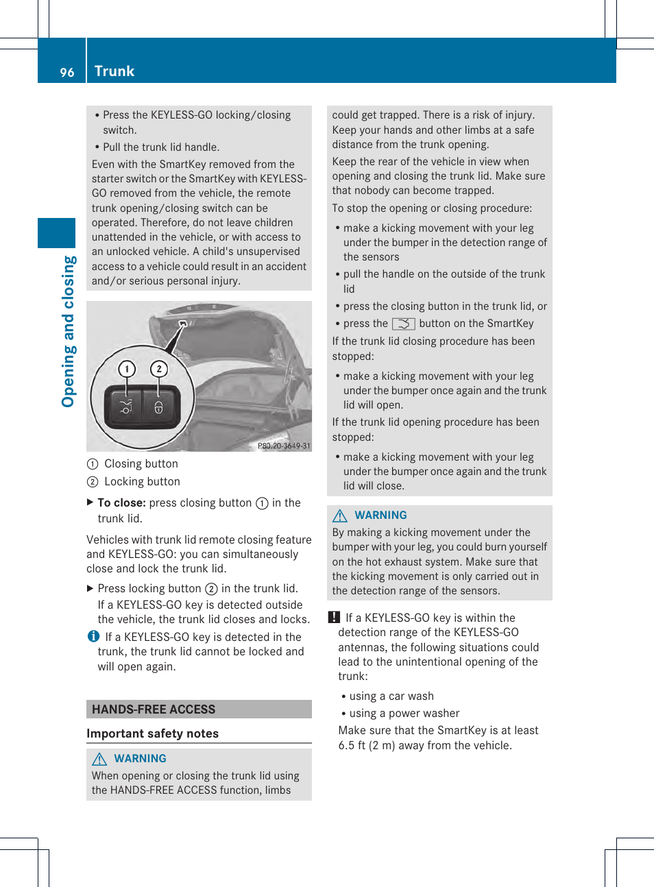 Opening and closing, Trunk | Mercedes-Benz SL-Class 2013 Owners Manual User Manual | Page 98 / 590