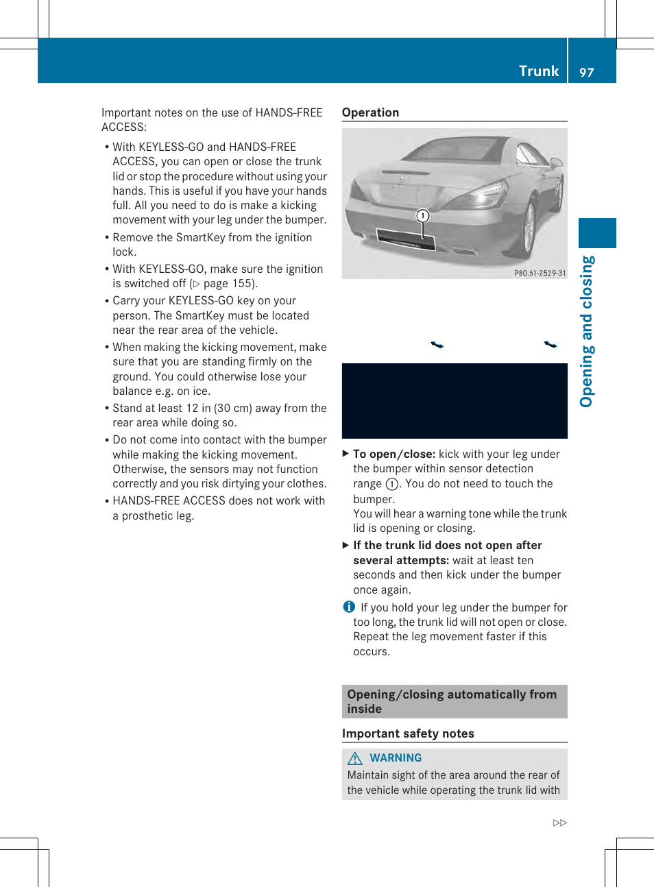 Opening and closing, Trunk | Mercedes-Benz SL-Class 2013 Owners Manual User Manual | Page 99 / 590