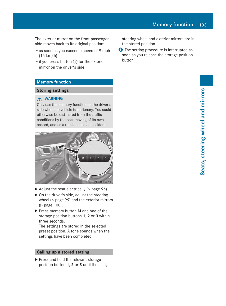 Seat s, steer ing wheel and mir ror s | Mercedes-Benz SLK-Class 2013 Owners Manual User Manual | Page 105 / 358