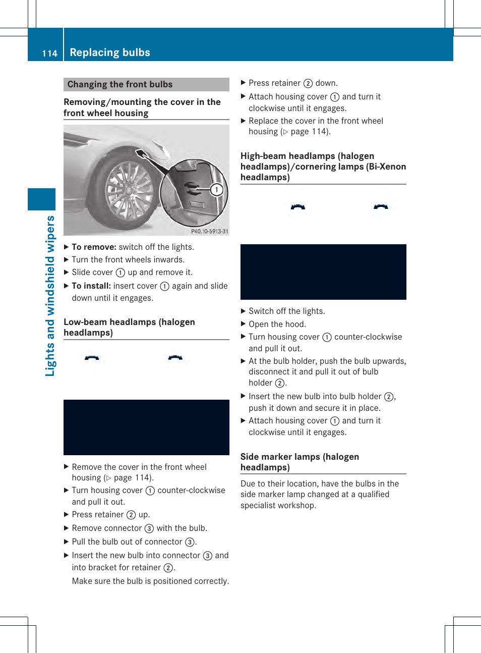 Lights and windshield wipers, Replacing bulbs | Mercedes-Benz SLK-Class 2013 Owners Manual User Manual | Page 116 / 358