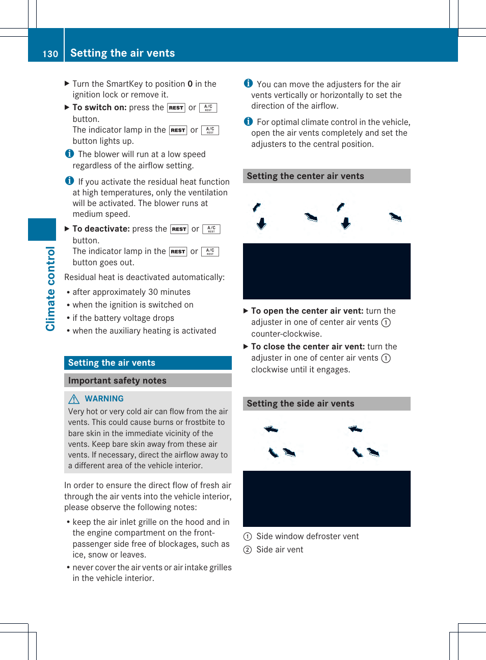 Climate control, Setting the air vents | Mercedes-Benz SLK-Class 2013 Owners Manual User Manual | Page 132 / 358