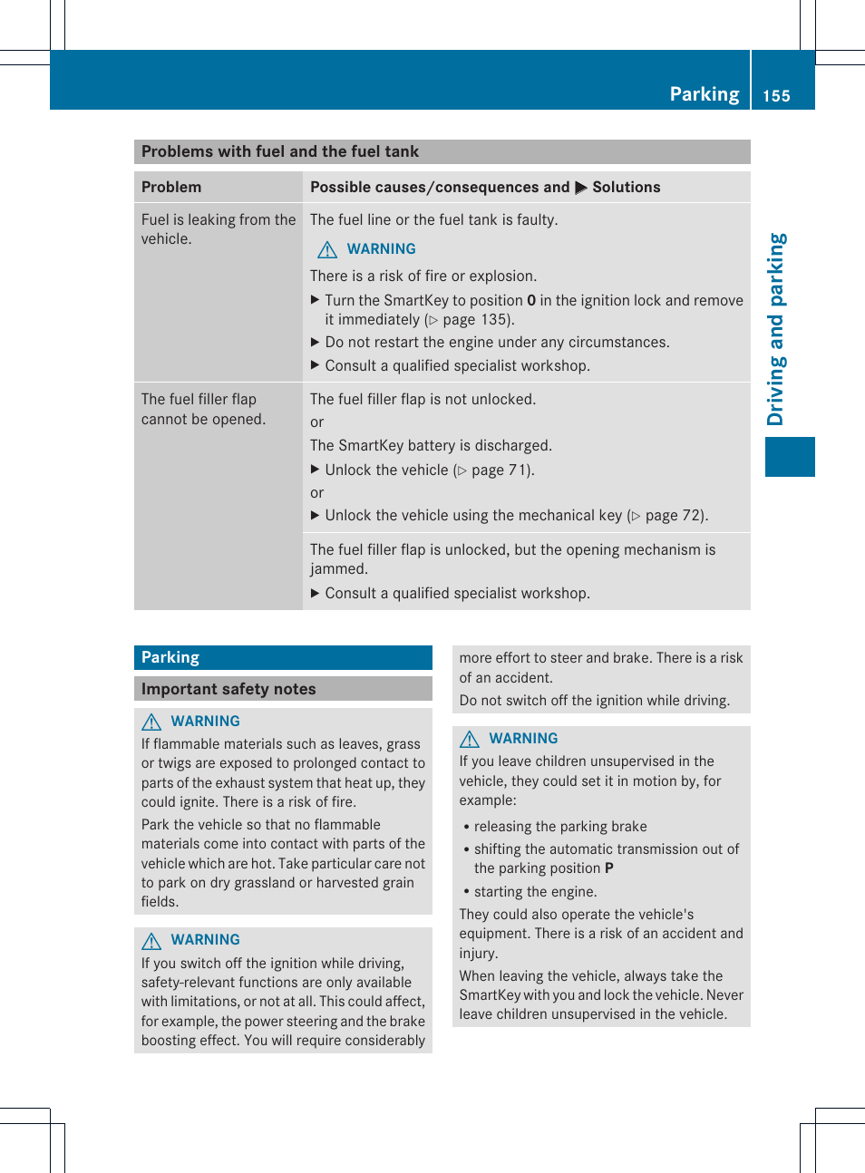 Driving and parking, Parking | Mercedes-Benz SLK-Class 2013 Owners Manual User Manual | Page 157 / 358