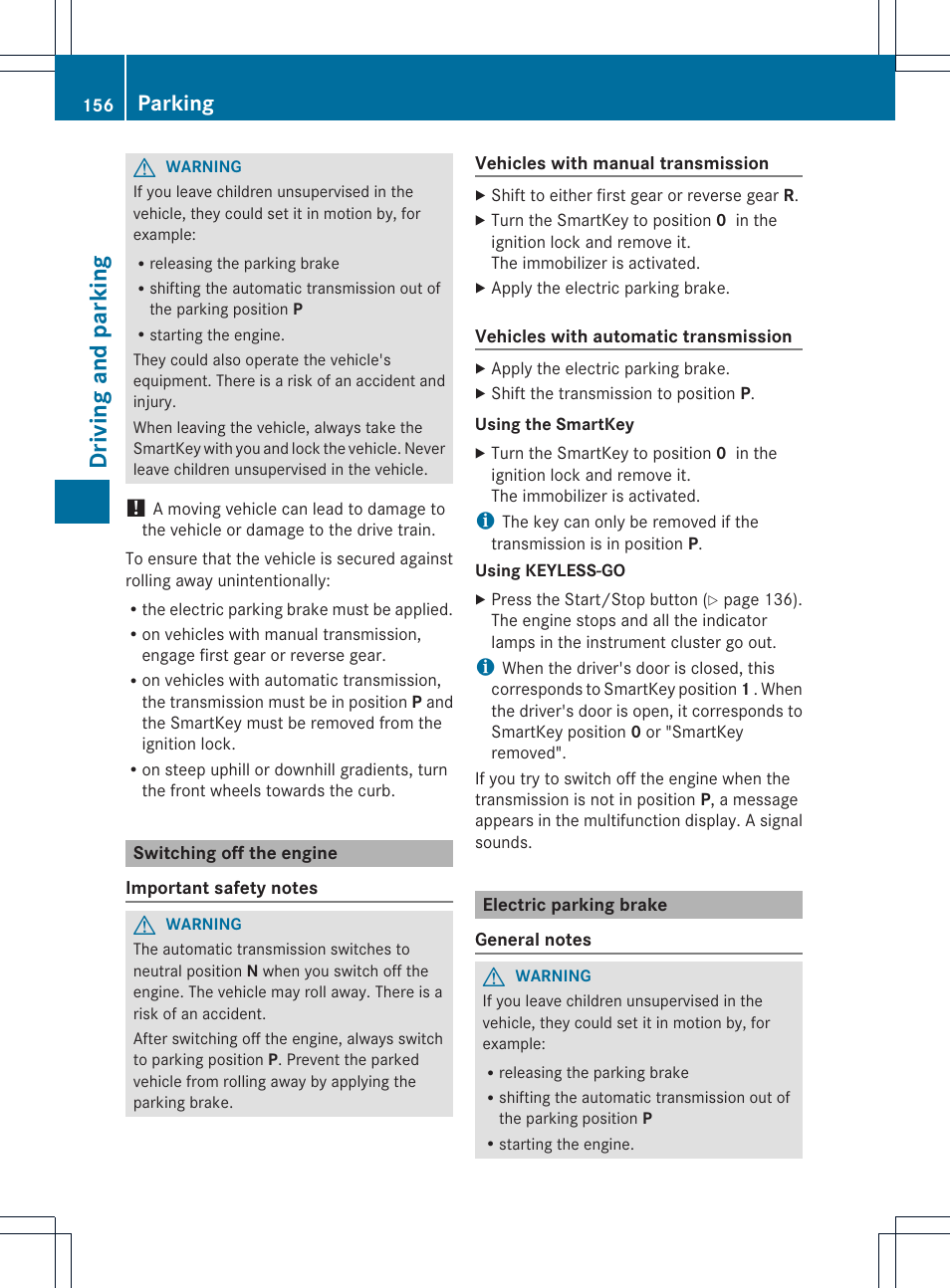 Driving and parking, Parking | Mercedes-Benz SLK-Class 2013 Owners Manual User Manual | Page 158 / 358