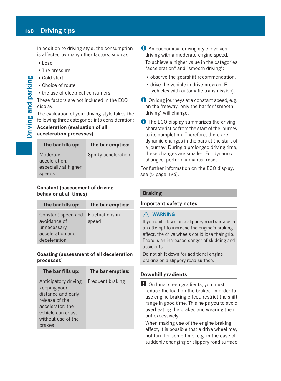 Driving and parking, Driving tips | Mercedes-Benz SLK-Class 2013 Owners Manual User Manual | Page 162 / 358