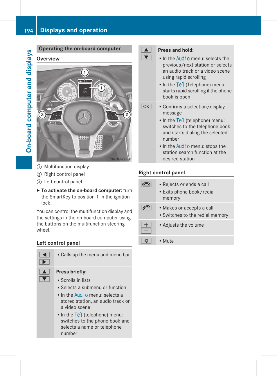 On-bo ard computer and displays, Displays and operation | Mercedes-Benz SLK-Class 2013 Owners Manual User Manual | Page 196 / 358