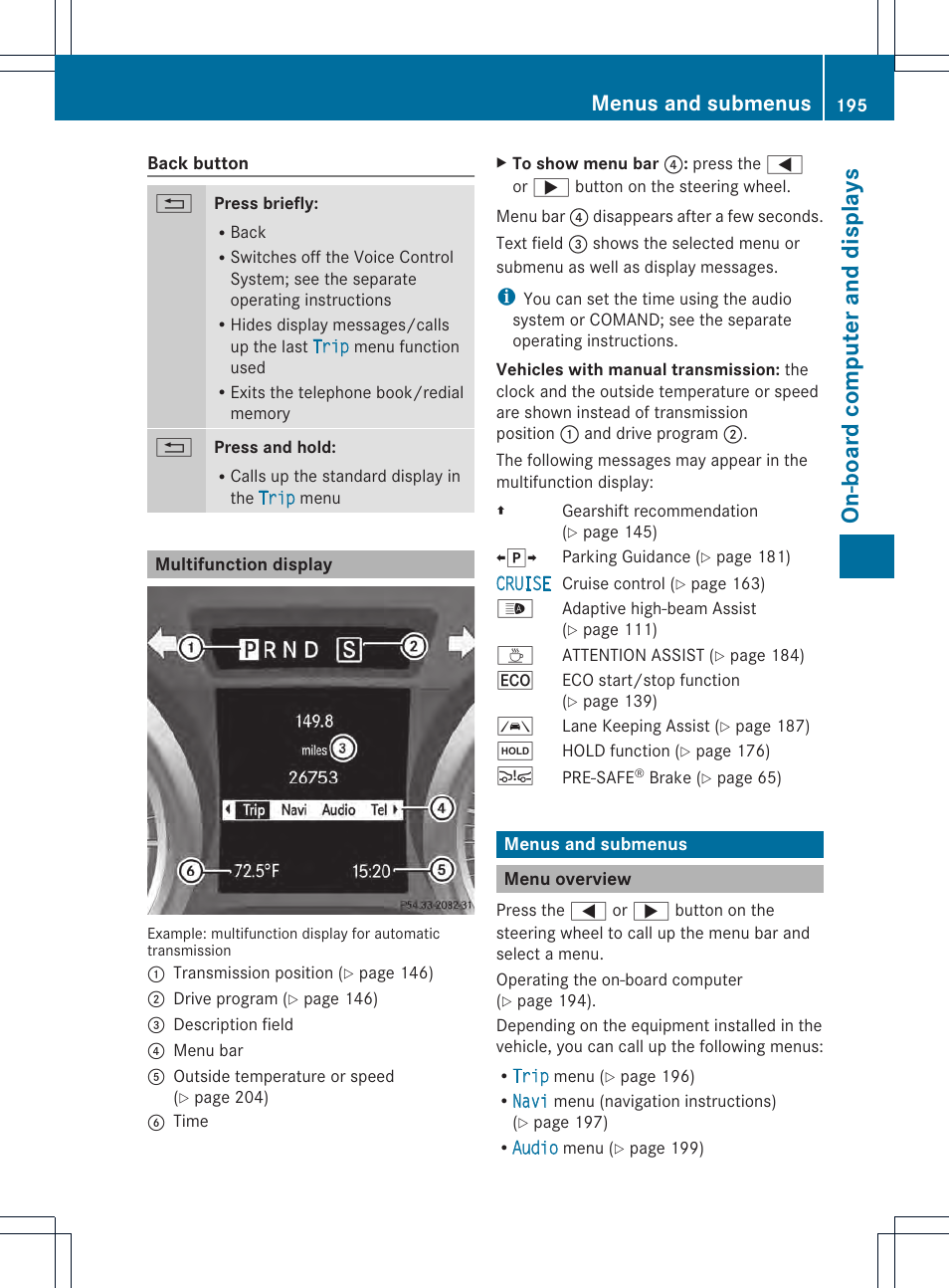 On-boar d compu ter and disp lays, Menus and submenus | Mercedes-Benz SLK-Class 2013 Owners Manual User Manual | Page 197 / 358