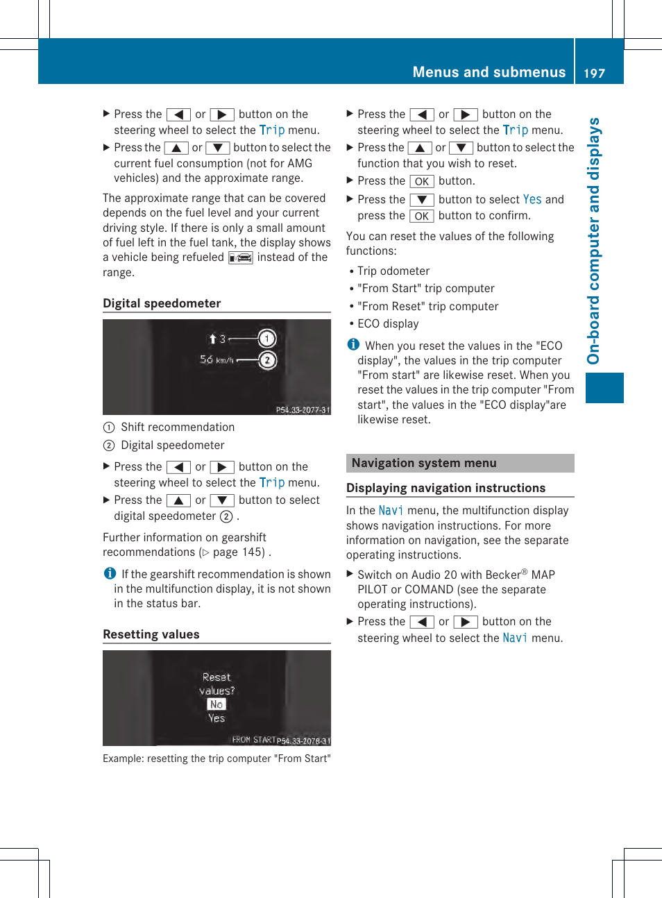 On-boar d compu ter and displa ys, Menus and submenus | Mercedes-Benz SLK-Class 2013 Owners Manual User Manual | Page 199 / 358