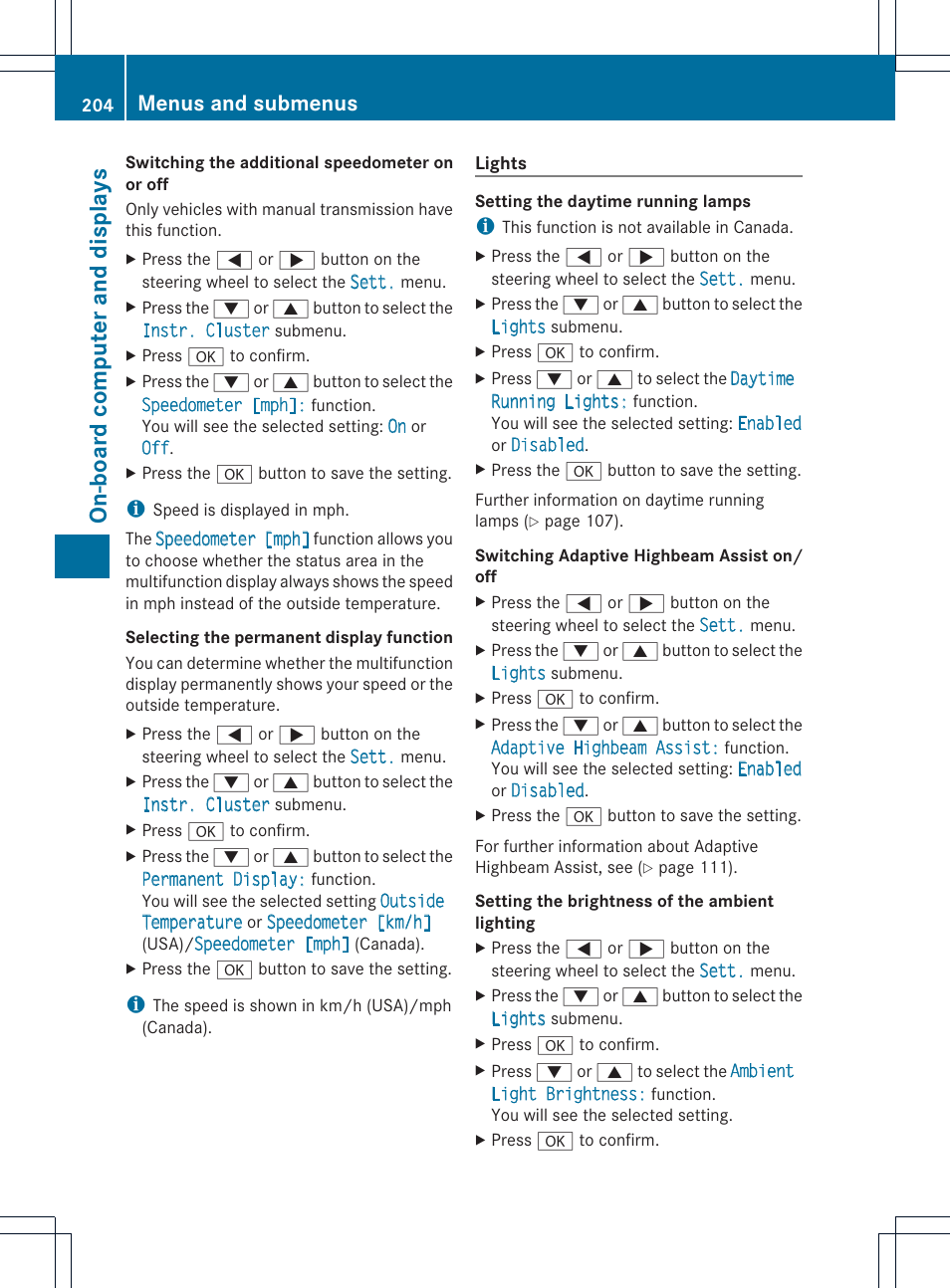 On-boar d comput er and displa ys, Menus and submenus | Mercedes-Benz SLK-Class 2013 Owners Manual User Manual | Page 206 / 358