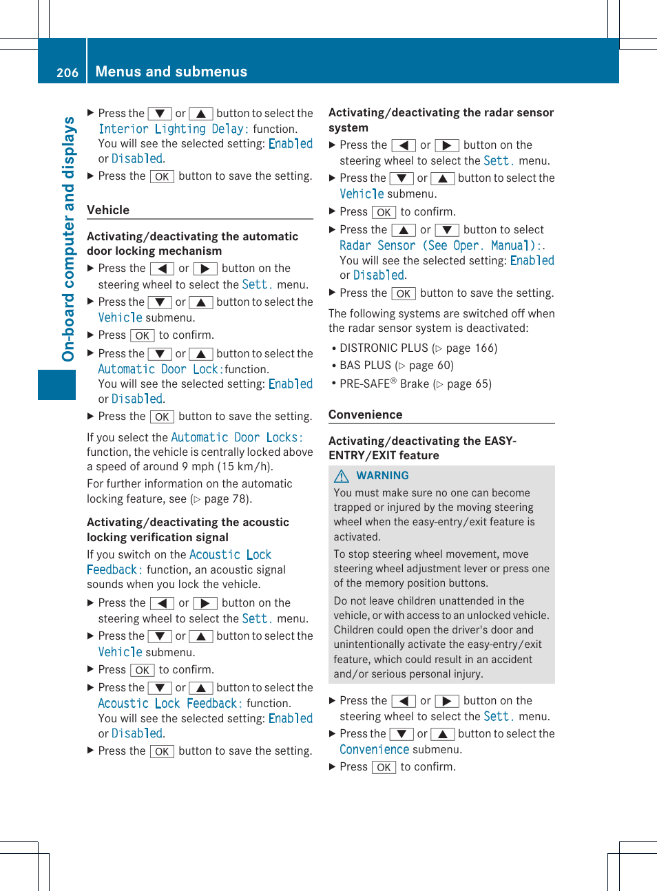 On-boar d comput er and displa ys, Menus and submenus | Mercedes-Benz SLK-Class 2013 Owners Manual User Manual | Page 208 / 358