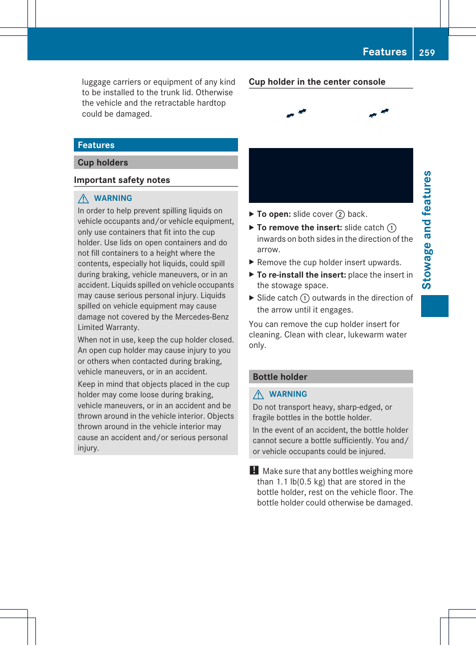 Stowage and features, Features | Mercedes-Benz SLK-Class 2013 Owners Manual User Manual | Page 261 / 358