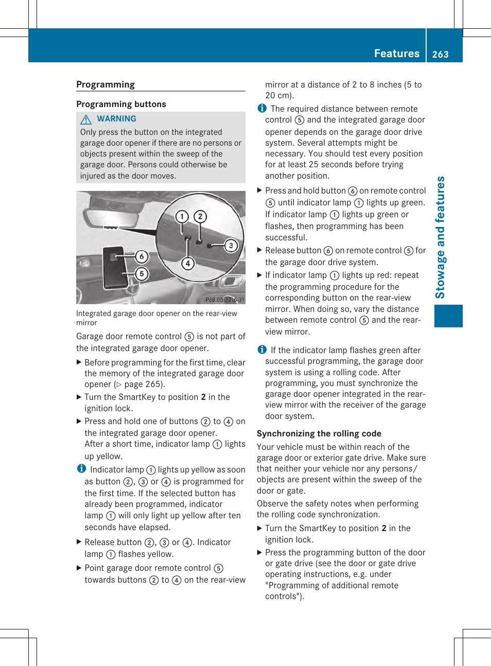 Stowage and features, Features | Mercedes-Benz SLK-Class 2013 Owners Manual User Manual | Page 265 / 358