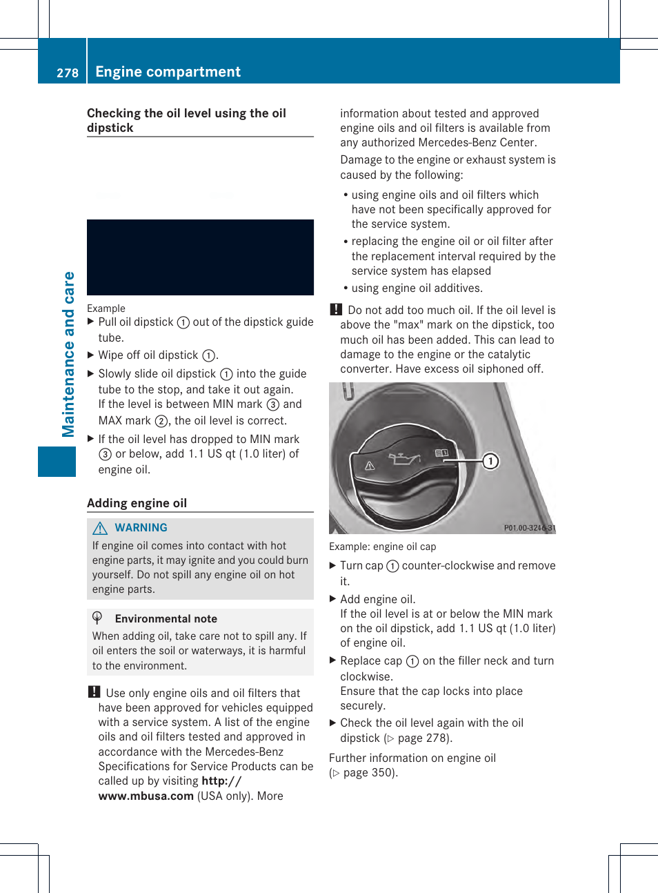 Maintena nce and car e, Engine compartment | Mercedes-Benz SLK-Class 2013 Owners Manual User Manual | Page 280 / 358