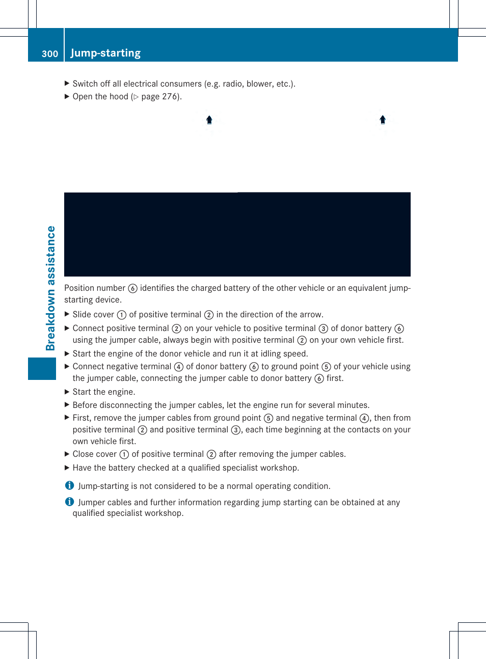 Breakdown assistance, Jump-starting | Mercedes-Benz SLK-Class 2013 Owners Manual User Manual | Page 302 / 358
