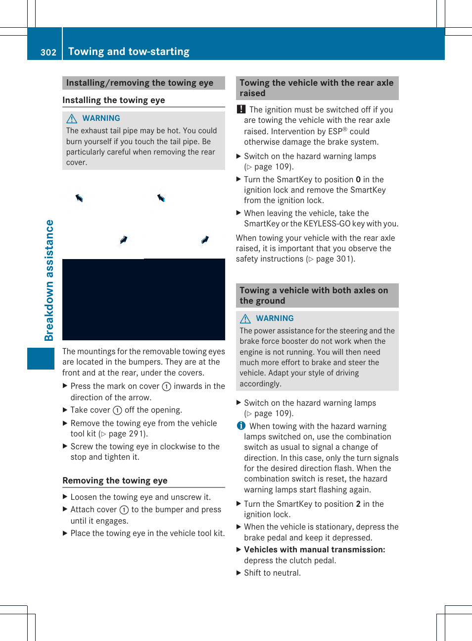 Breakd own assista nce, Towing and tow-starting | Mercedes-Benz SLK-Class 2013 Owners Manual User Manual | Page 304 / 358