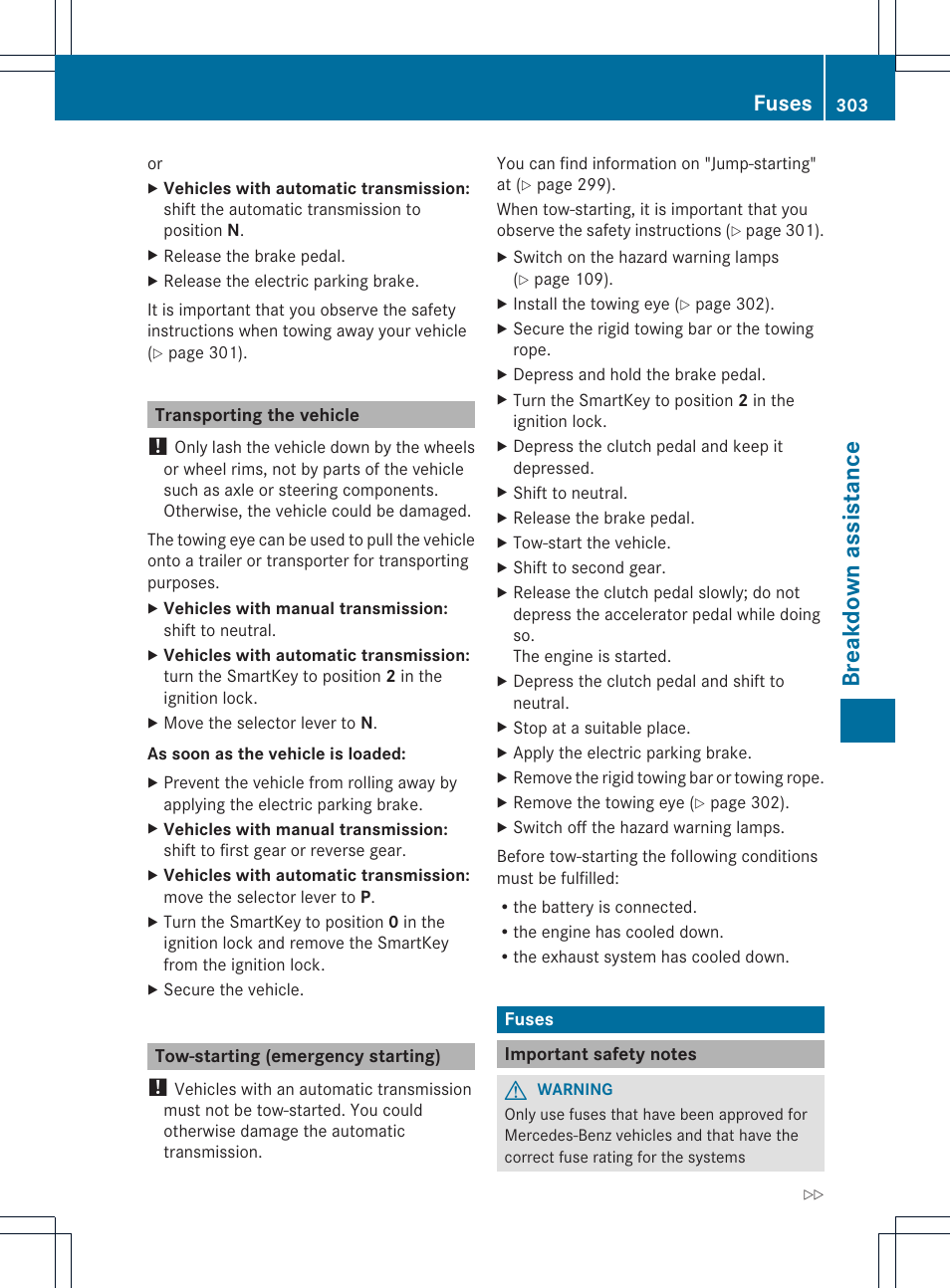 Breakdown assistance, Fuses | Mercedes-Benz SLK-Class 2013 Owners Manual User Manual | Page 305 / 358