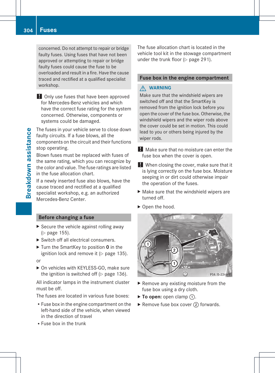 Breakdown assistance, Fuses | Mercedes-Benz SLK-Class 2013 Owners Manual User Manual | Page 306 / 358