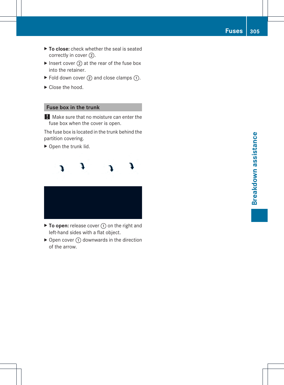 Breakdown assistance, Fuses | Mercedes-Benz SLK-Class 2013 Owners Manual User Manual | Page 307 / 358
