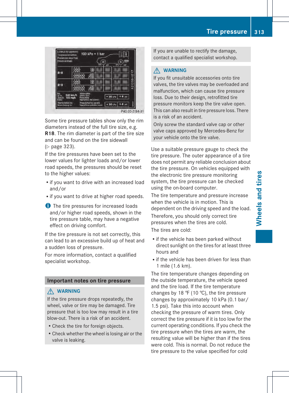 Wheels and tires, Tire pressure | Mercedes-Benz SLK-Class 2013 Owners Manual User Manual | Page 315 / 358