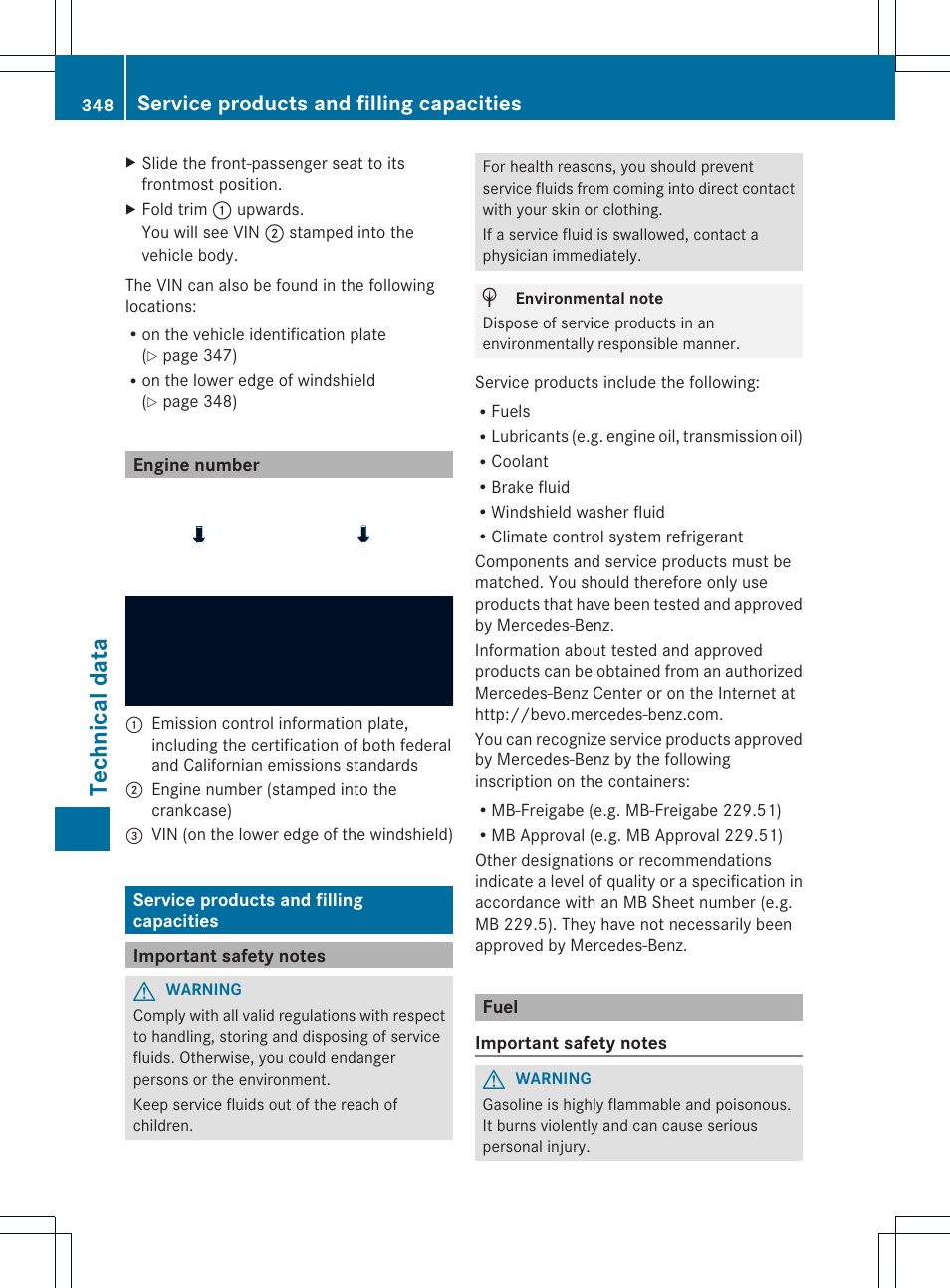 Technical data, Service products and filling capacities | Mercedes-Benz SLK-Class 2013 Owners Manual User Manual | Page 350 / 358