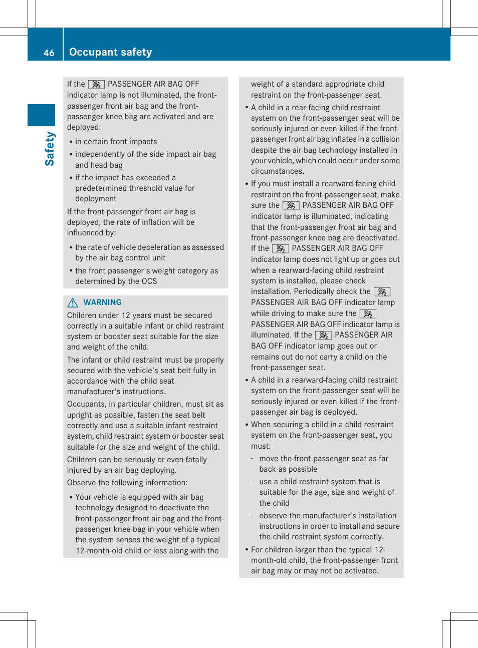 Safety, Occupant safety | Mercedes-Benz SLK-Class 2013 Owners Manual User Manual | Page 48 / 358