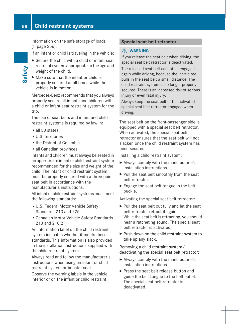 Safety, Child restraint systems | Mercedes-Benz SLK-Class 2013 Owners Manual User Manual | Page 60 / 358