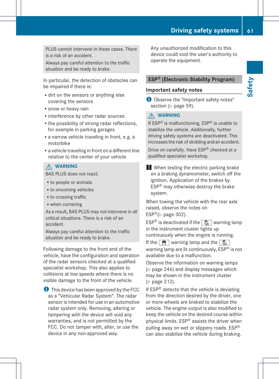 Safety, Driving safety systems | Mercedes-Benz SLK-Class 2013 Owners Manual User Manual | Page 63 / 358