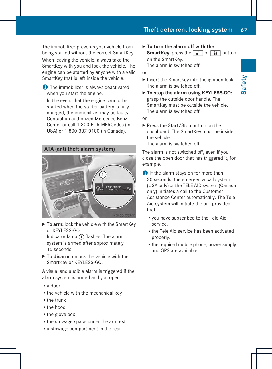 Safety, Theft deterrent locking system | Mercedes-Benz SLK-Class 2013 Owners Manual User Manual | Page 69 / 358