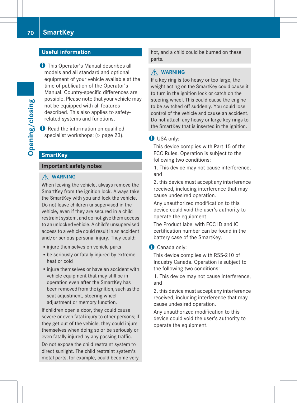 Opening/c losing, Smartkey | Mercedes-Benz SLK-Class 2013 Owners Manual User Manual | Page 72 / 358