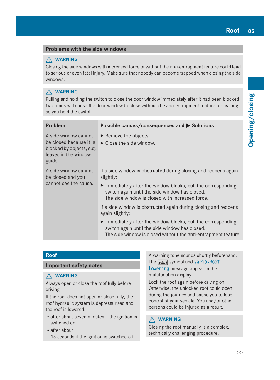 Opening/c losing, Roof | Mercedes-Benz SLK-Class 2013 Owners Manual User Manual | Page 87 / 358