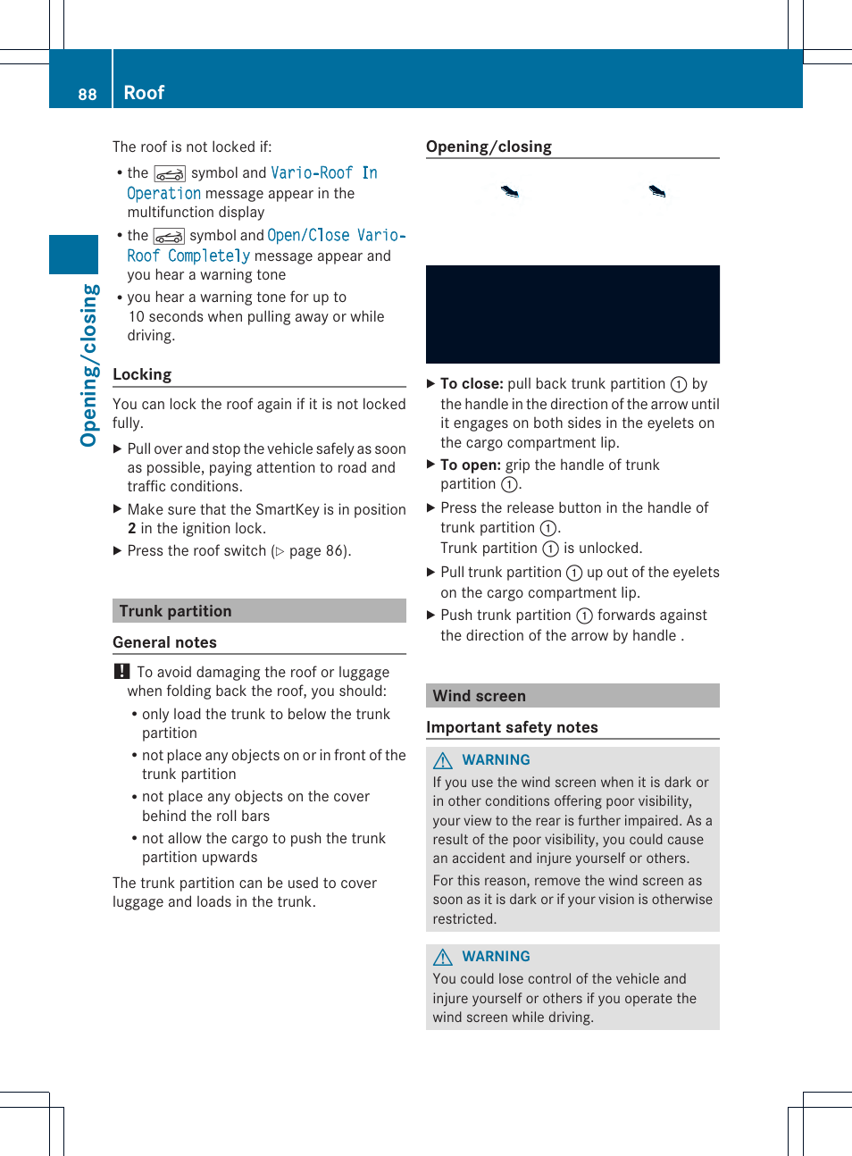 Opening/closing, Roof | Mercedes-Benz SLK-Class 2013 Owners Manual User Manual | Page 90 / 358
