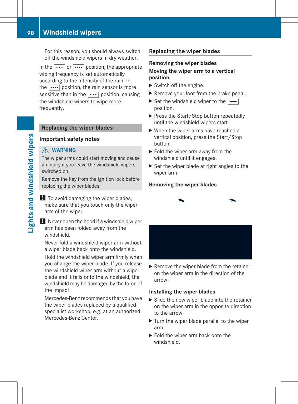 Lights and windshi eld wipers, Windshield wipers | Mercedes-Benz SLS-Class 2013 Owners Manual User Manual | Page 100 / 286