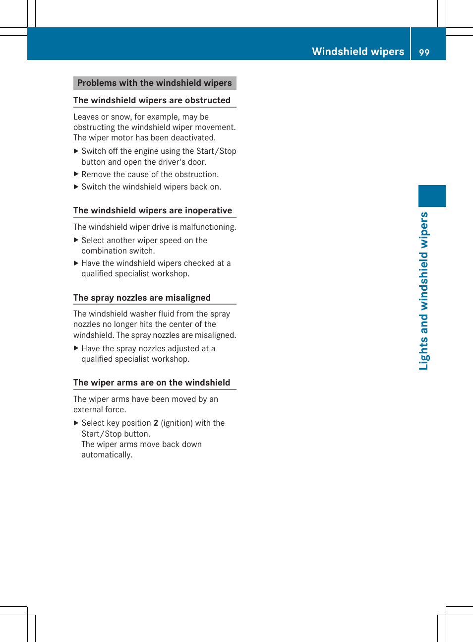 Lights and windshield wipers, Windshield wipers | Mercedes-Benz SLS-Class 2013 Owners Manual User Manual | Page 101 / 286