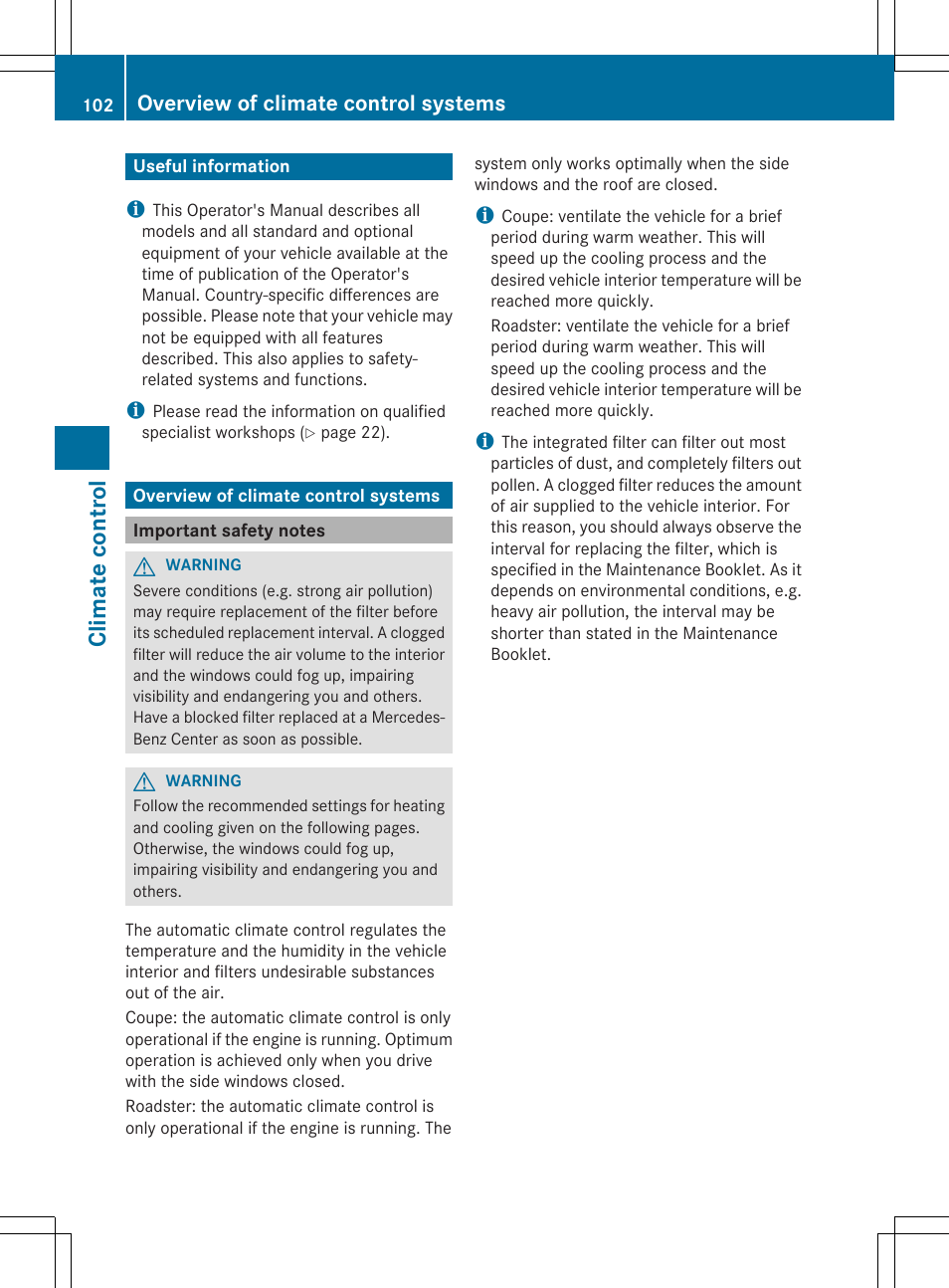 Climat e control, Overview of climate control systems | Mercedes-Benz SLS-Class 2013 Owners Manual User Manual | Page 104 / 286