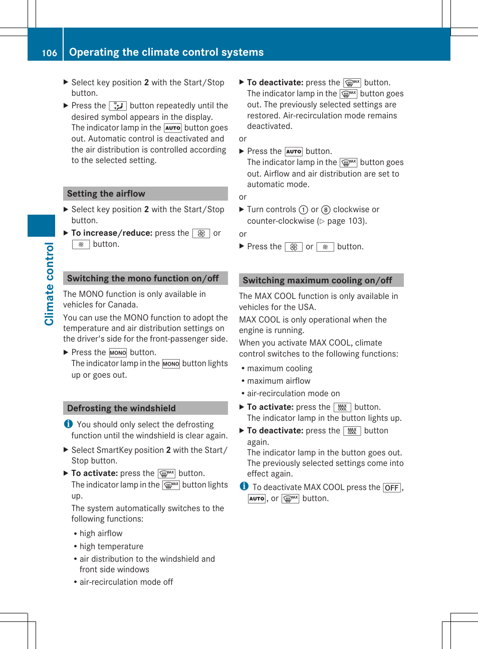 Cl imate co ntrol, Operating the climate control systems | Mercedes-Benz SLS-Class 2013 Owners Manual User Manual | Page 108 / 286