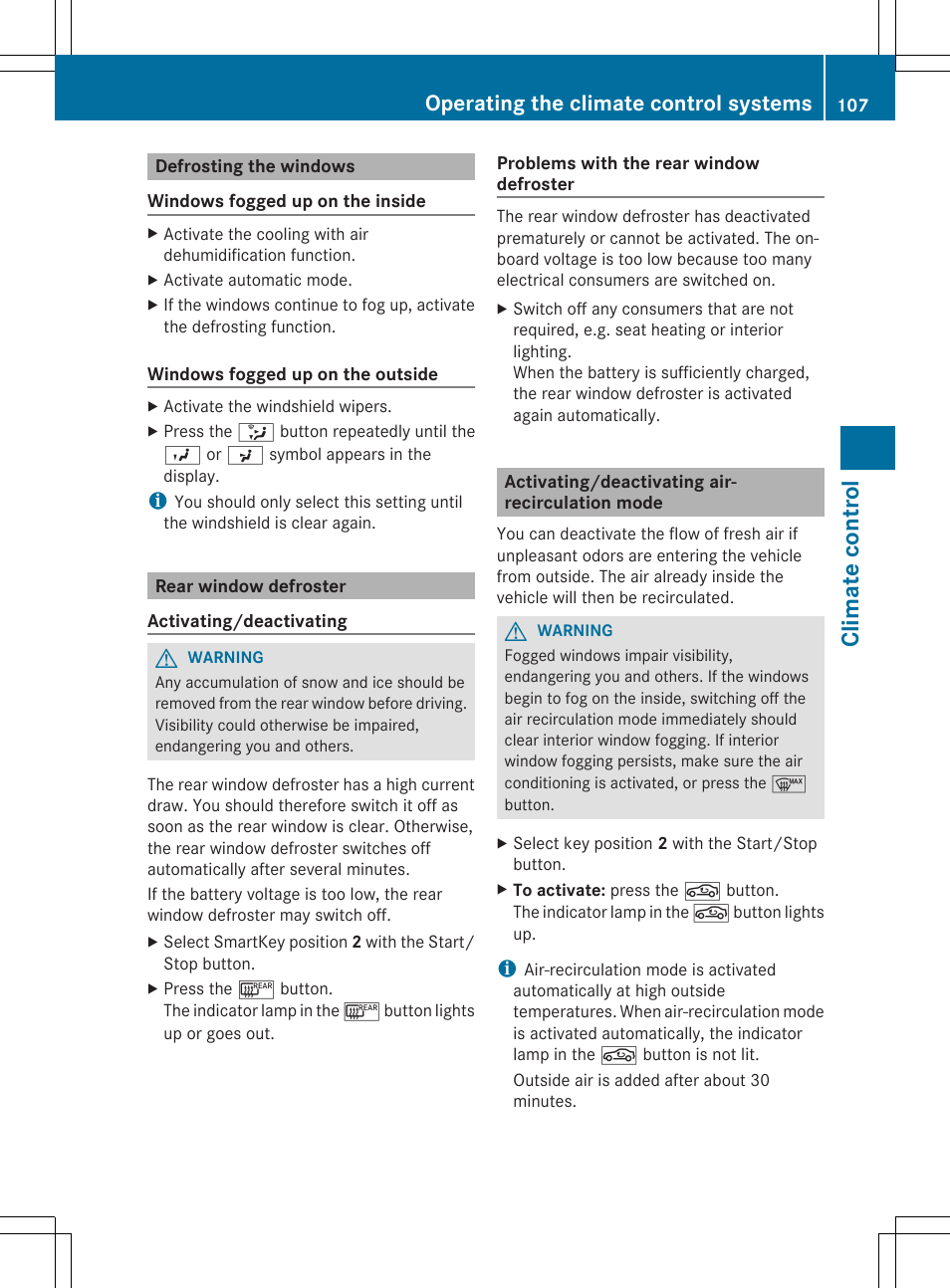 Clim at e cont ro l, Operating the climate control systems | Mercedes-Benz SLS-Class 2013 Owners Manual User Manual | Page 109 / 286