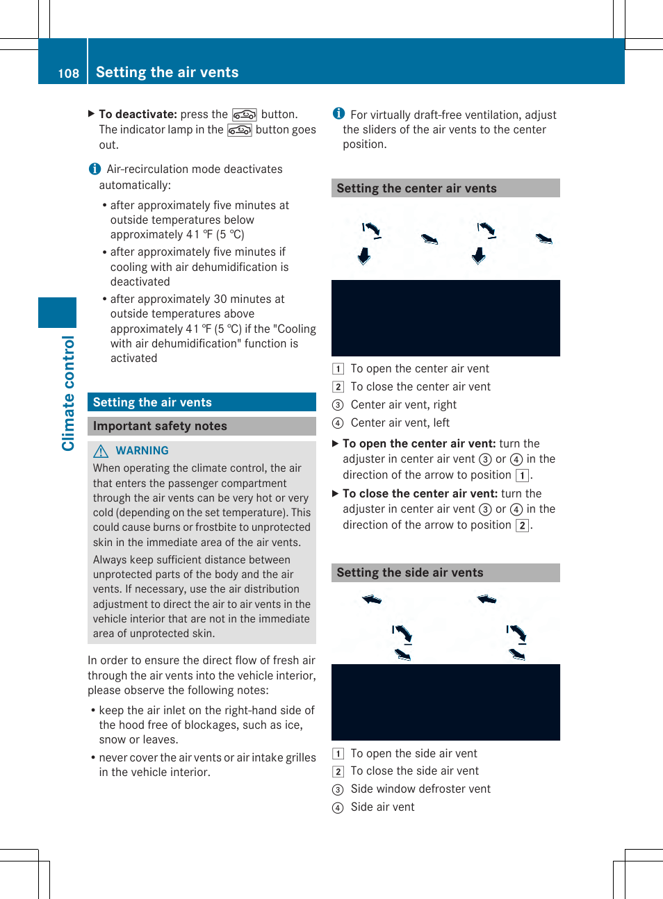 Climate control, Setting the air vents | Mercedes-Benz SLS-Class 2013 Owners Manual User Manual | Page 110 / 286