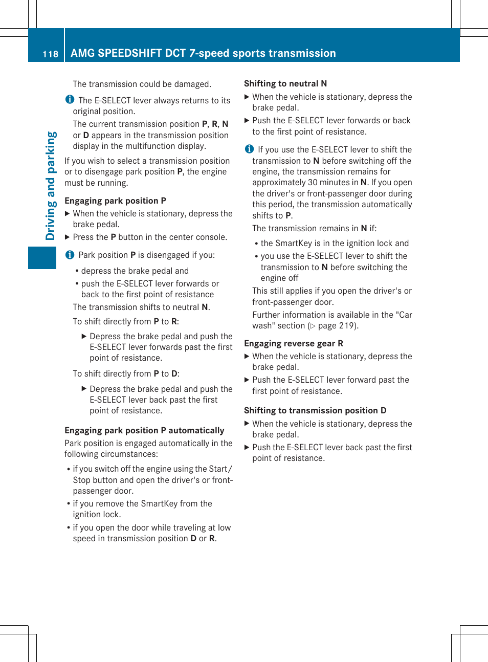 Driving and parking, Amg speedshift dct 7-speed sports transmission | Mercedes-Benz SLS-Class 2013 Owners Manual User Manual | Page 120 / 286