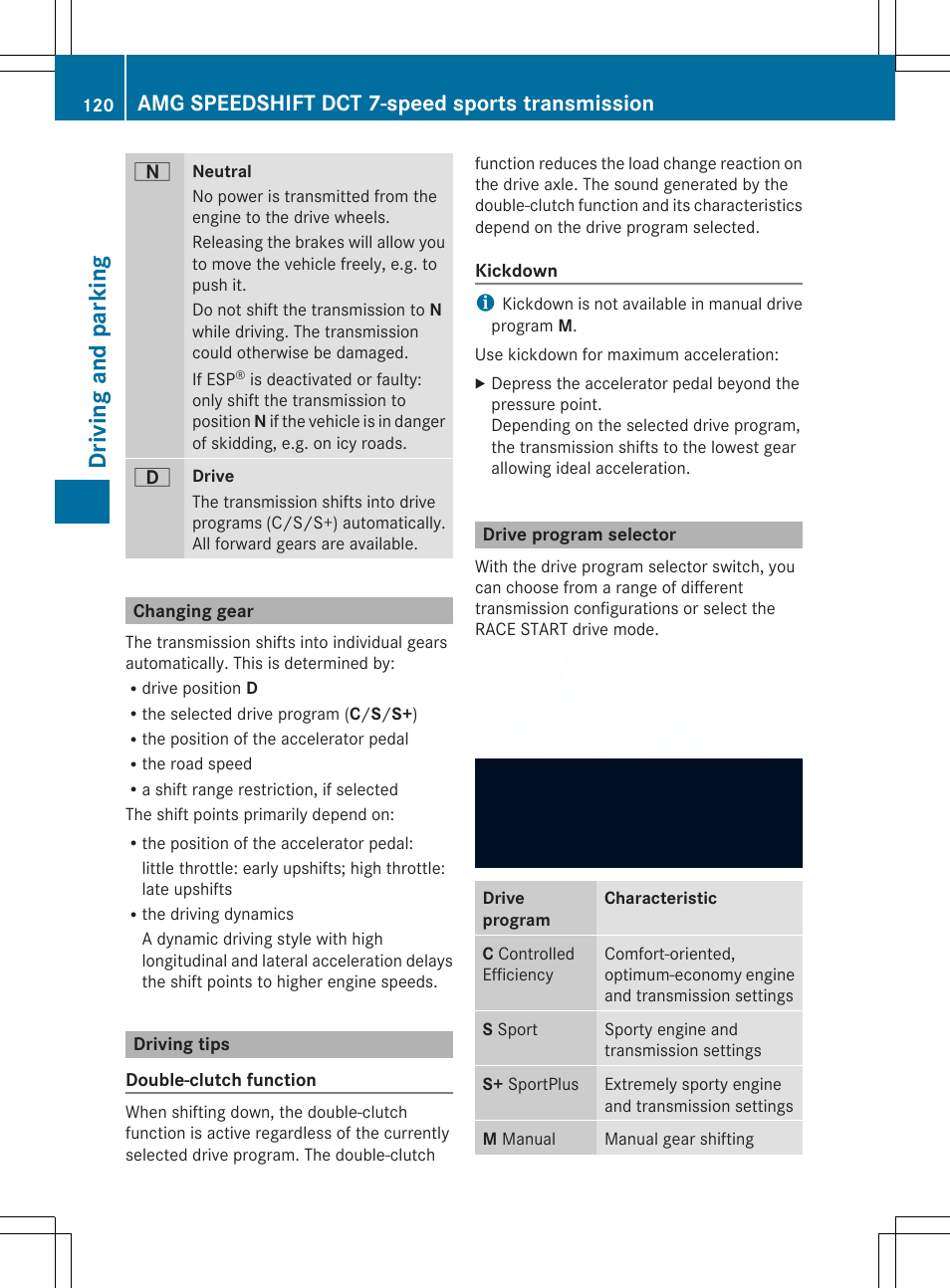 Dr ivi ng an d parki ng, Amg speedshift dct 7-speed sports transmission | Mercedes-Benz SLS-Class 2013 Owners Manual User Manual | Page 122 / 286