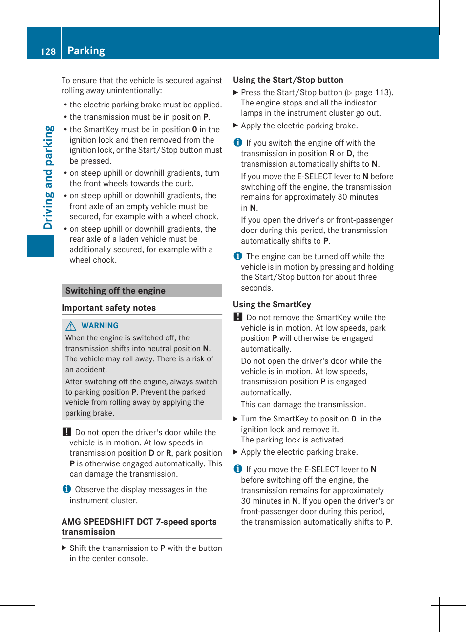 Driving and parking, Parking | Mercedes-Benz SLS-Class 2013 Owners Manual User Manual | Page 130 / 286