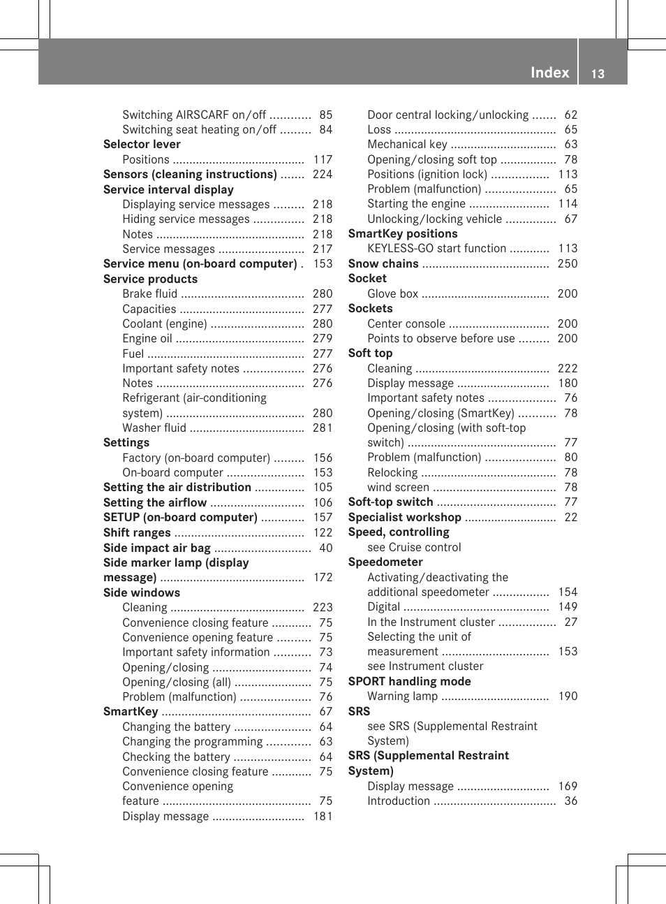 Index | Mercedes-Benz SLS-Class 2013 Owners Manual User Manual | Page 15 / 286