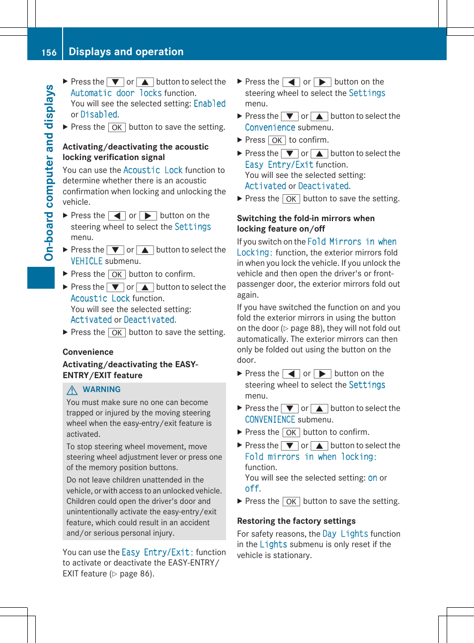 On-board comput er and display s, Displays and operation | Mercedes-Benz SLS-Class 2013 Owners Manual User Manual | Page 158 / 286