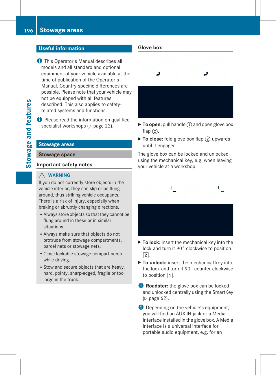 Stowage and feat ures, Stowage areas | Mercedes-Benz SLS-Class 2013 Owners Manual User Manual | Page 198 / 286