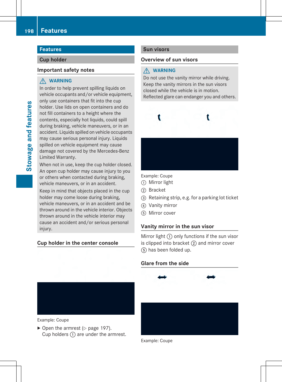 St owage and fea tu re s, Features | Mercedes-Benz SLS-Class 2013 Owners Manual User Manual | Page 200 / 286