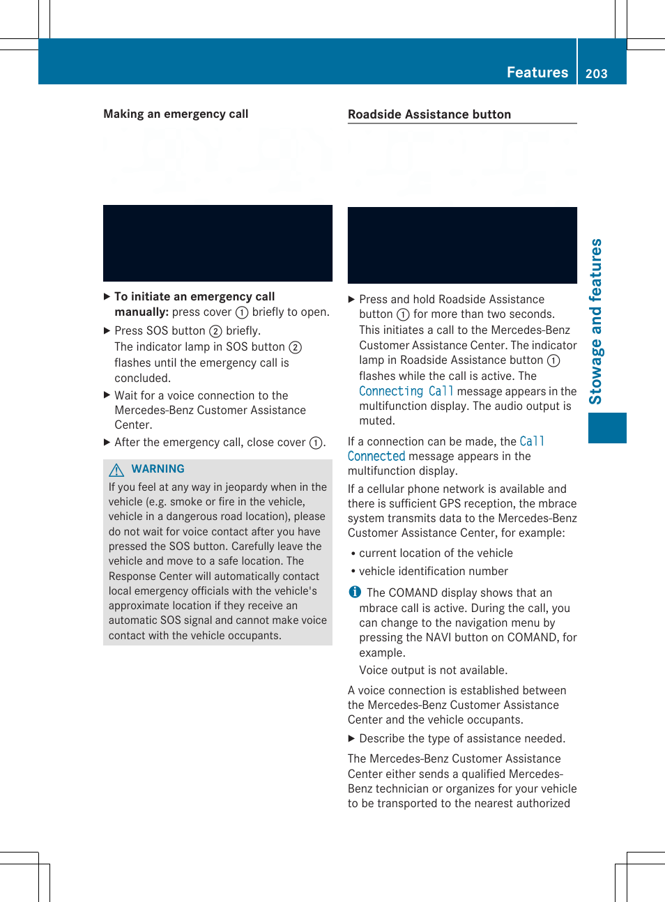 Stowage and features, Features | Mercedes-Benz SLS-Class 2013 Owners Manual User Manual | Page 205 / 286