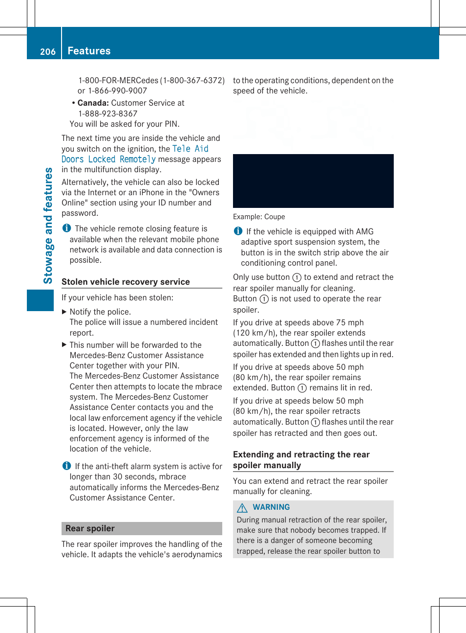 Stow age and features, Features | Mercedes-Benz SLS-Class 2013 Owners Manual User Manual | Page 208 / 286