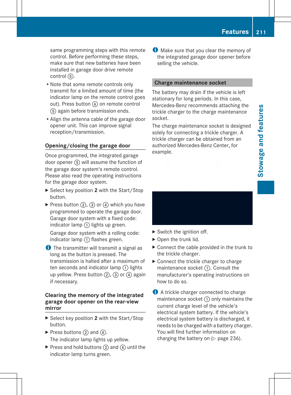 Stowage and features, Features | Mercedes-Benz SLS-Class 2013 Owners Manual User Manual | Page 213 / 286