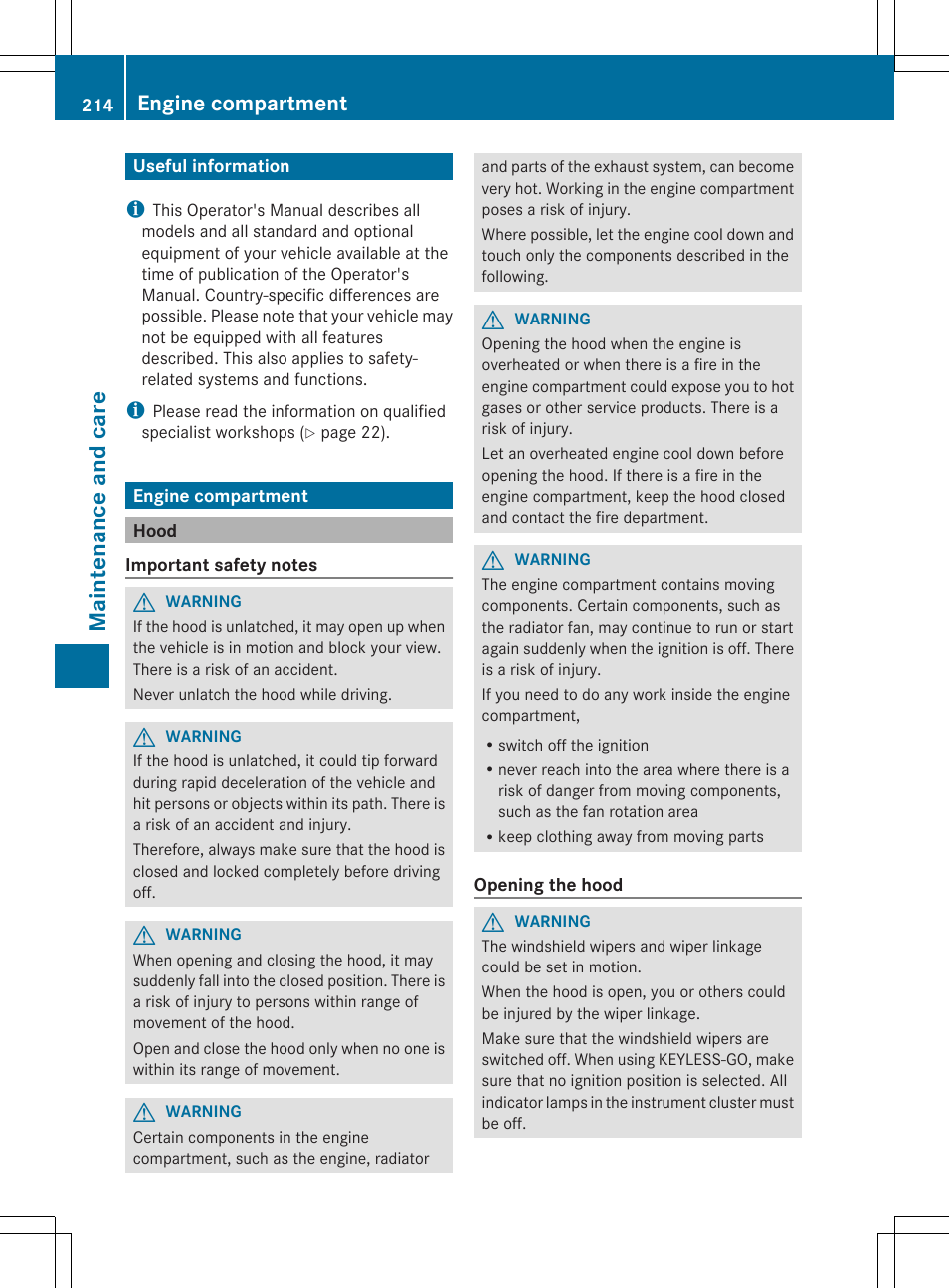 Maint enance and care, Engine compartment | Mercedes-Benz SLS-Class 2013 Owners Manual User Manual | Page 216 / 286